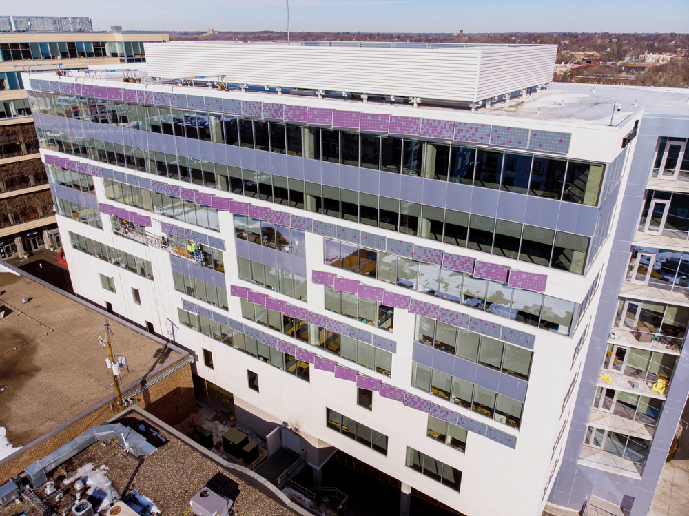Final install showcasing purple to blue pixel gradient on the building integrated solar modules