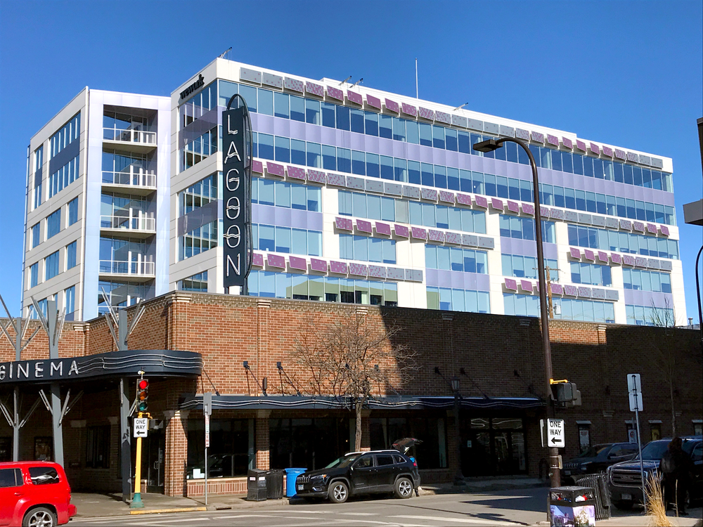 Street view of SolarSkin® applied solar panels on MoZaic East building