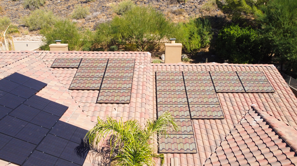 Final install showcasing street facing SolarSkin Panels vs. All Black Modules