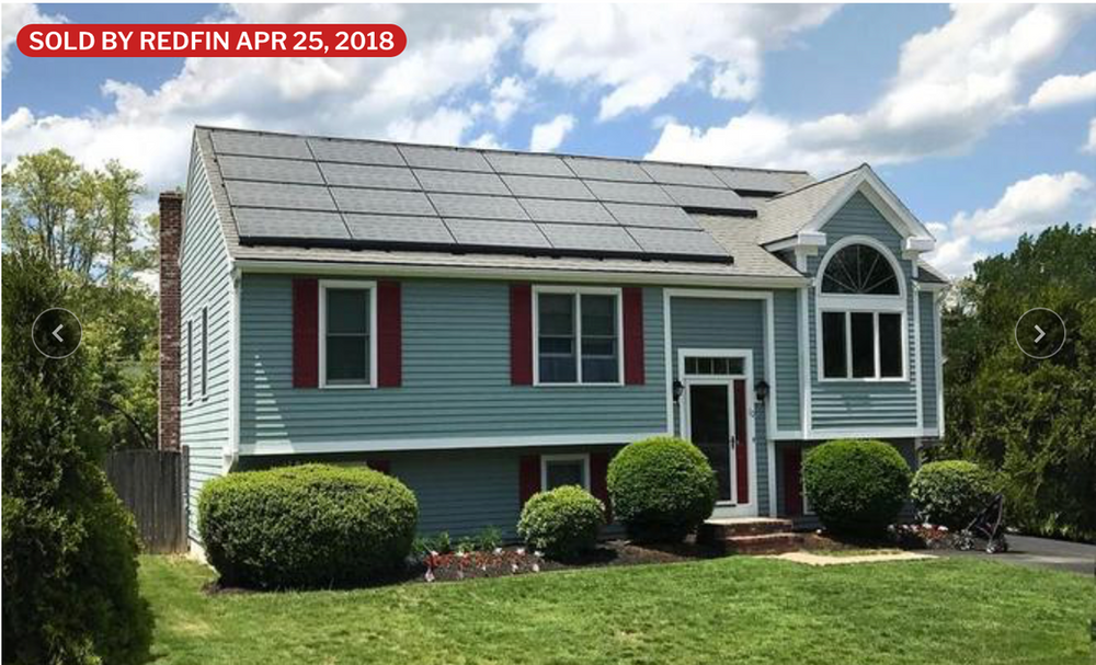 Redfin listing image of Weymouth, MA SolarSkin home does solar increase home value, solar panel roi, solar panels add to resale value, aesthetic solar panels, Redfin solar home value